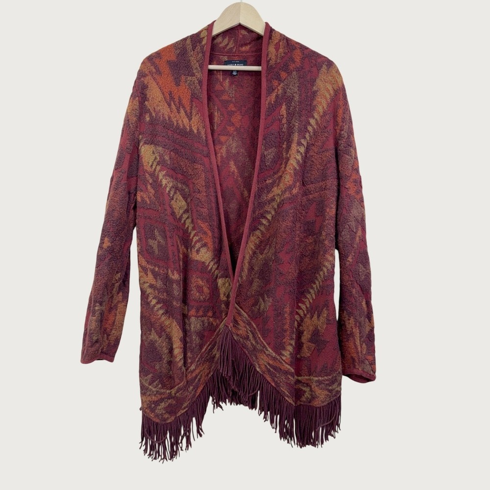 Lucky Brand Southwestern Fringe Cardigan Large Red Orange Aztec Boho Sweater